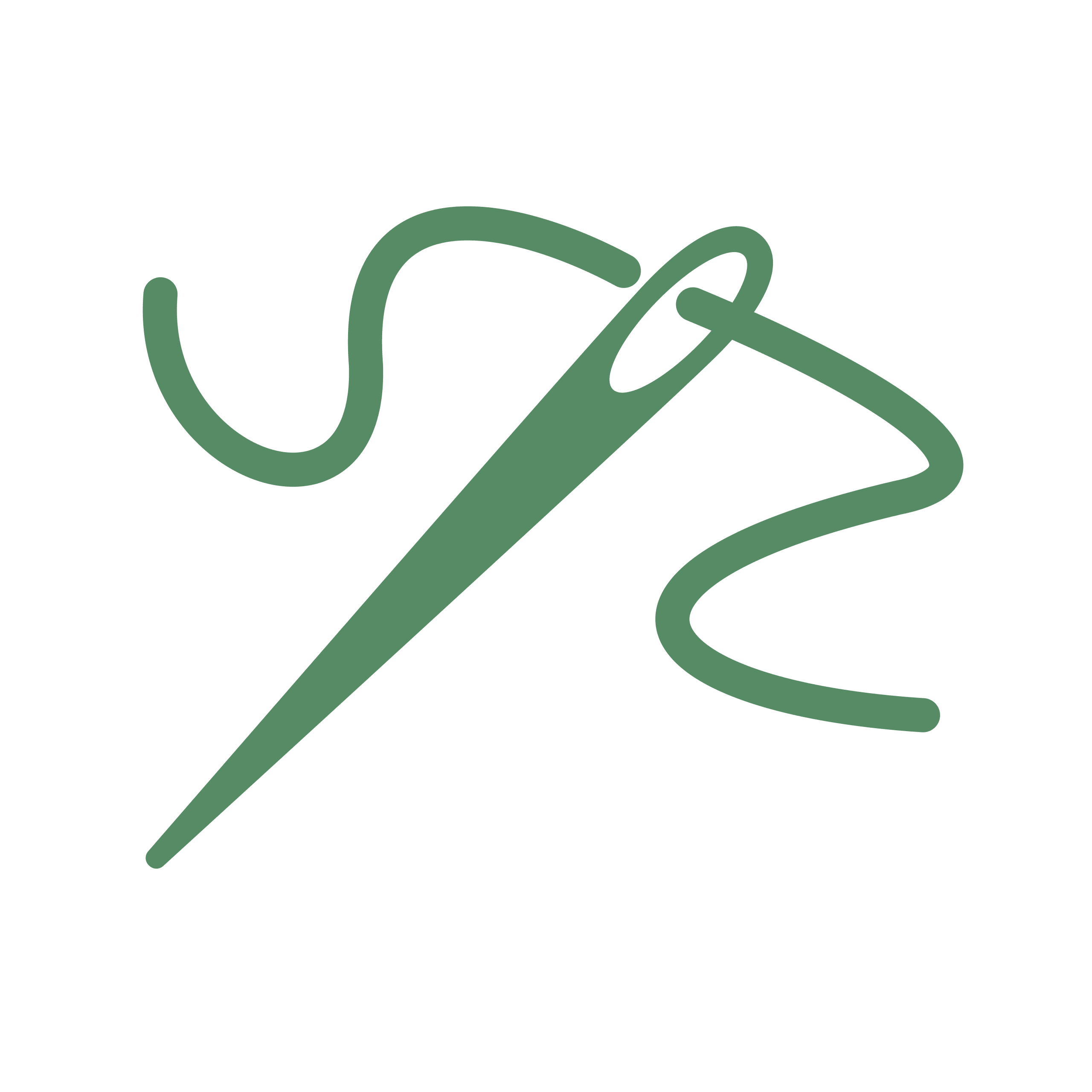 A green outline icon of a needle and thread for Rochelle Cleaner's dry cleaning and laundry services page.